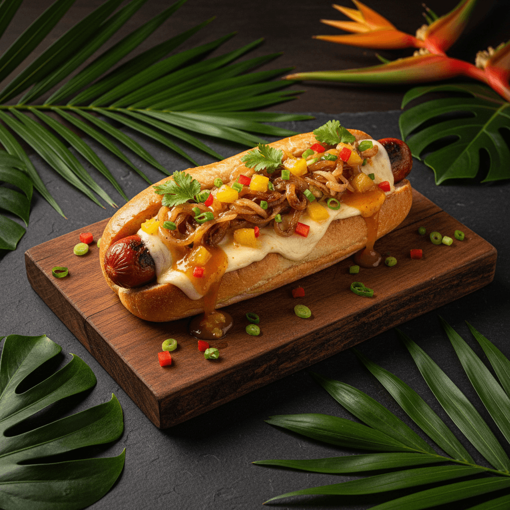Chori Hot Dog Tropical — Chorizo dog with pineapple sauce at Tropical Bites Chicago