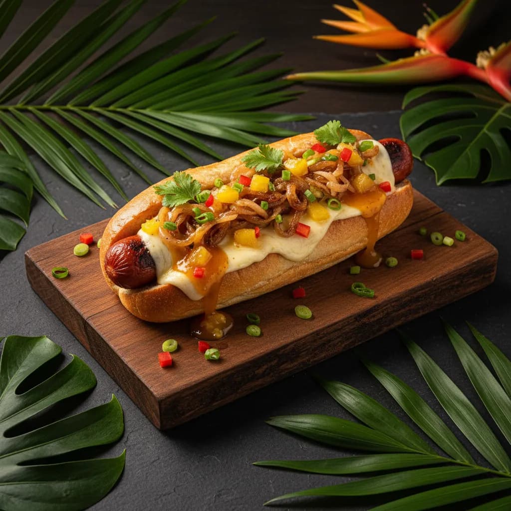 Chori Hot Dog Tropical — Hot dog con chorizo y salsa de piña at Tropical Bites Chicago
