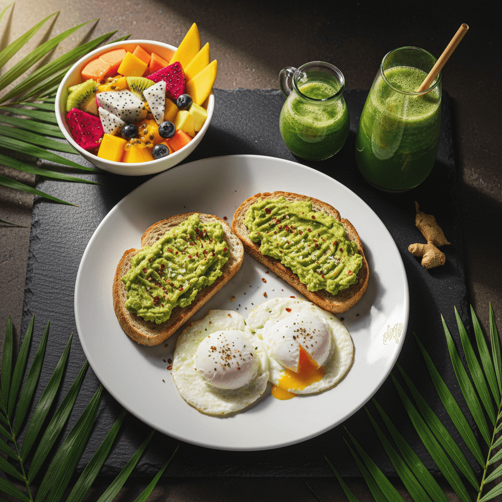 Healthy Breakfast Combo — Toast, eggs, fruit & green juice at Tropical Bites Chicago