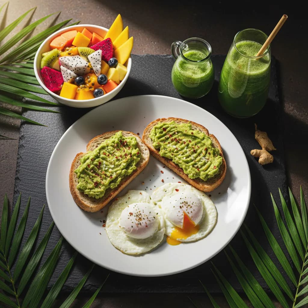 Desayuno Saludable — Tostada, huevos, fruta y jugo verde at Tropical Bites Chicago
