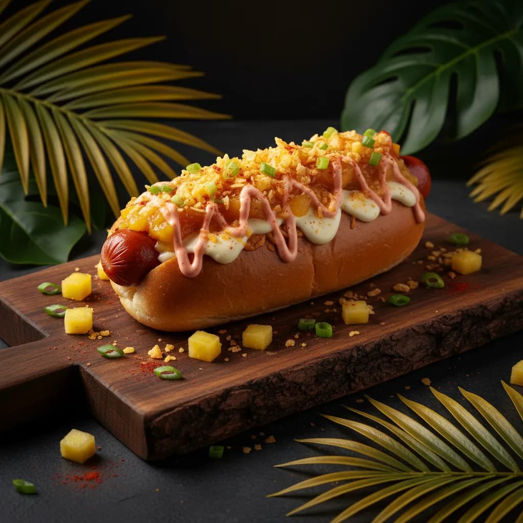 Hot Dog Tropical — Sausage, pink sauce & crushed chips at Tropical Bites Colombian restaurant in Chicago