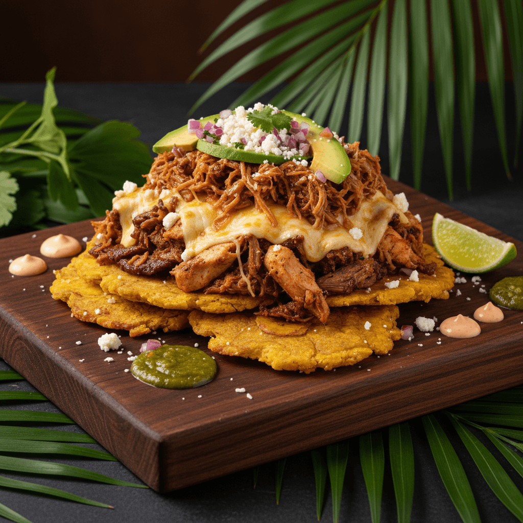 Patacón Tropical — Crispy plantain with meat & cheese at Tropical Bites Colombian restaurant in Chicago