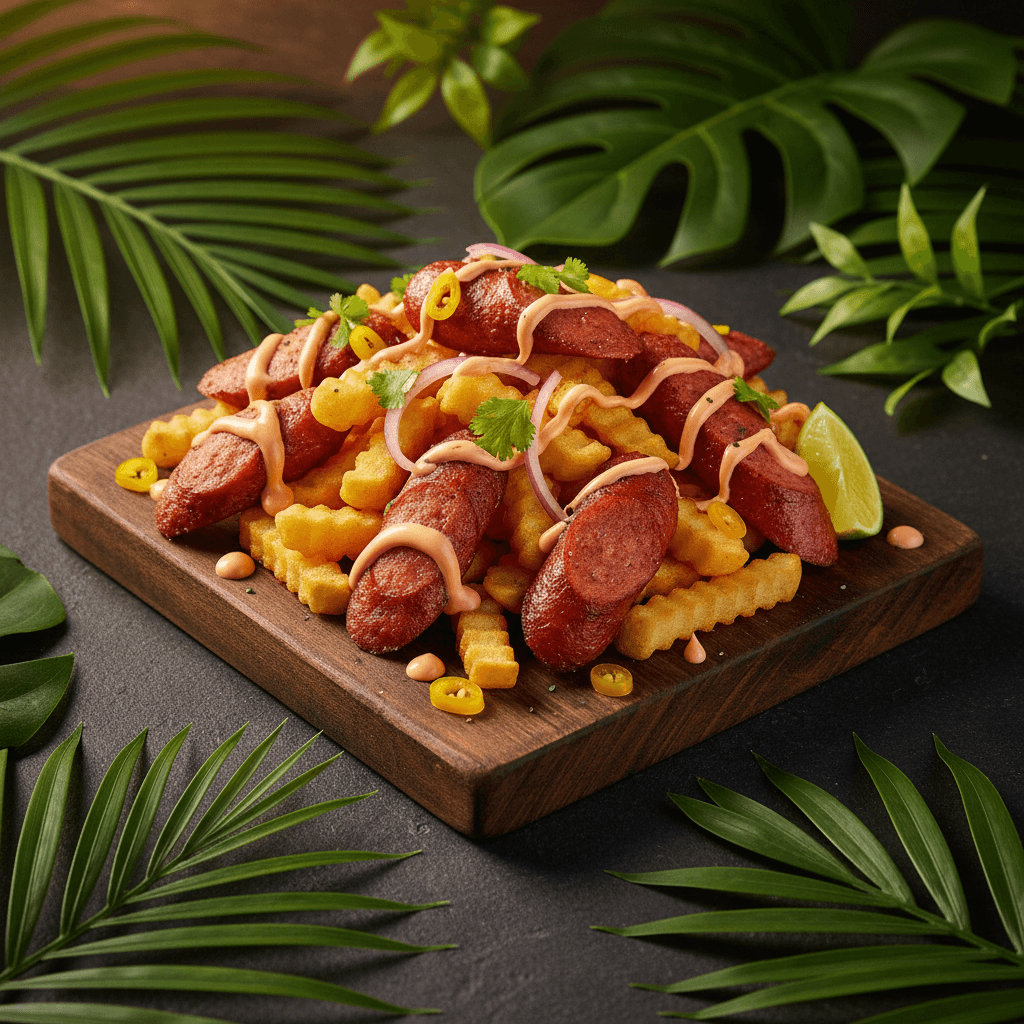Salchipapas — Fries + sausage + pink sauce at Tropical Bites Chicago