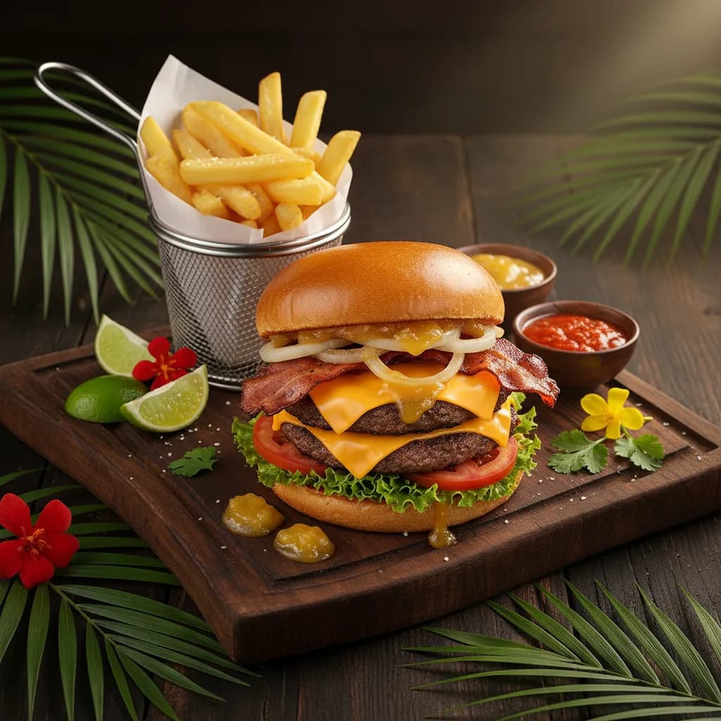 Tropical Cheese Burger — Double beef, double cheese at Tropical Bites Colombian restaurant in Chicago