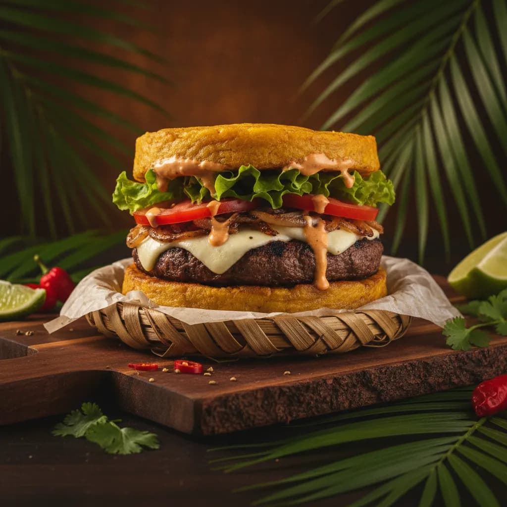 Hamburguesa Tropical de Plátano — Carne de res en pan de plátano at Tropical Bites Chicago