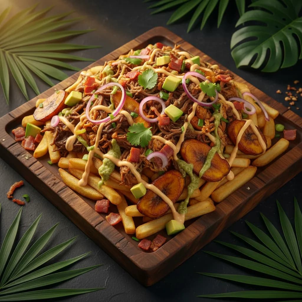 Tropical Salchipapa — Loaded fries with meats at Tropical Bites Colombian restaurant in Chicago
