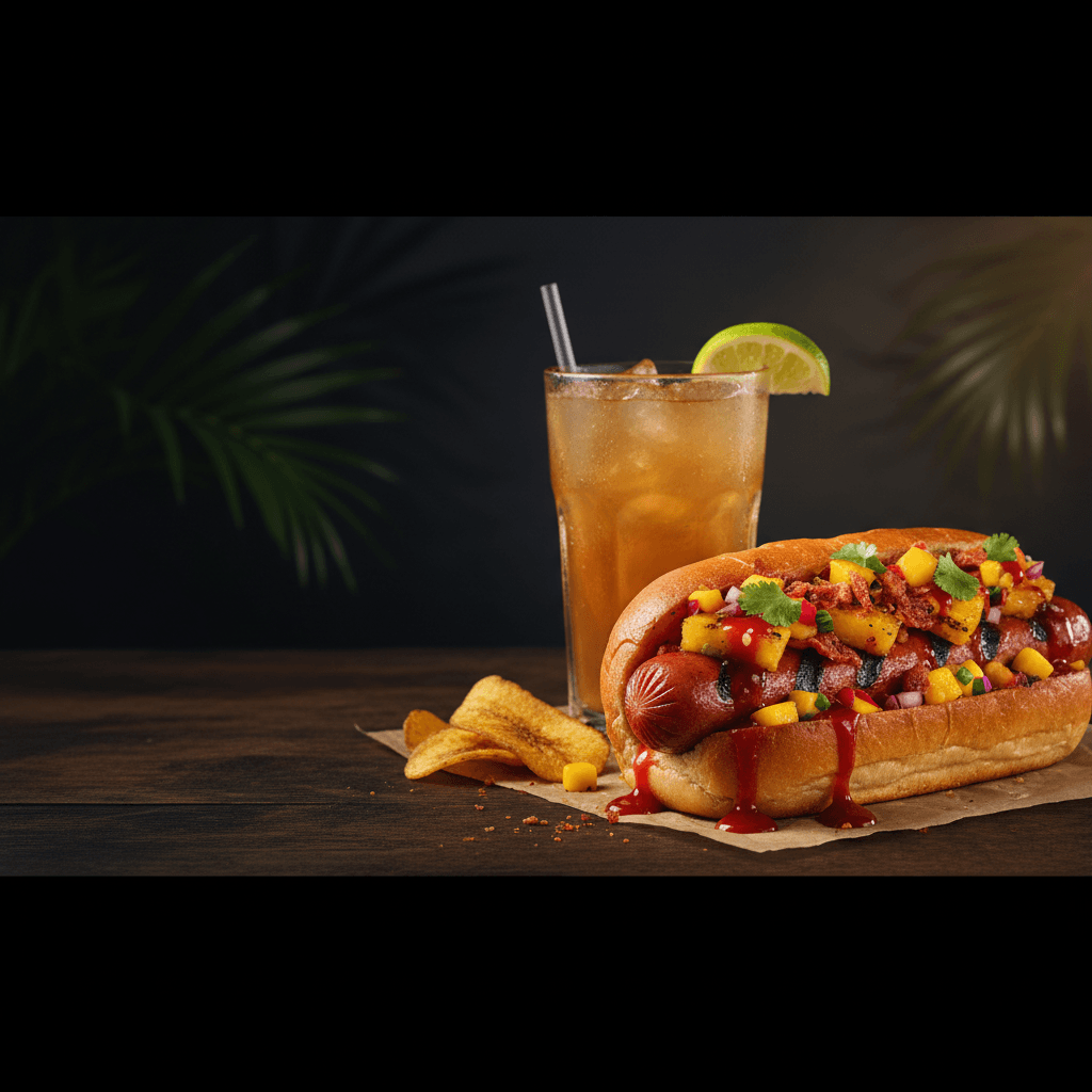 Hot Dog Tropical Combo — Our signature dog + soda for just $12.99. | Tropical Bites Colombian restaurant Chicago
