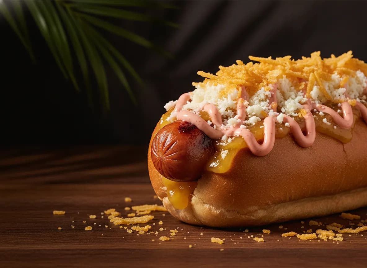 Hot Dog Tropical — Our signature dog with pink sauce & crushed chips for just $12.00. | Tropical Bites Colombian restaurant Chicago